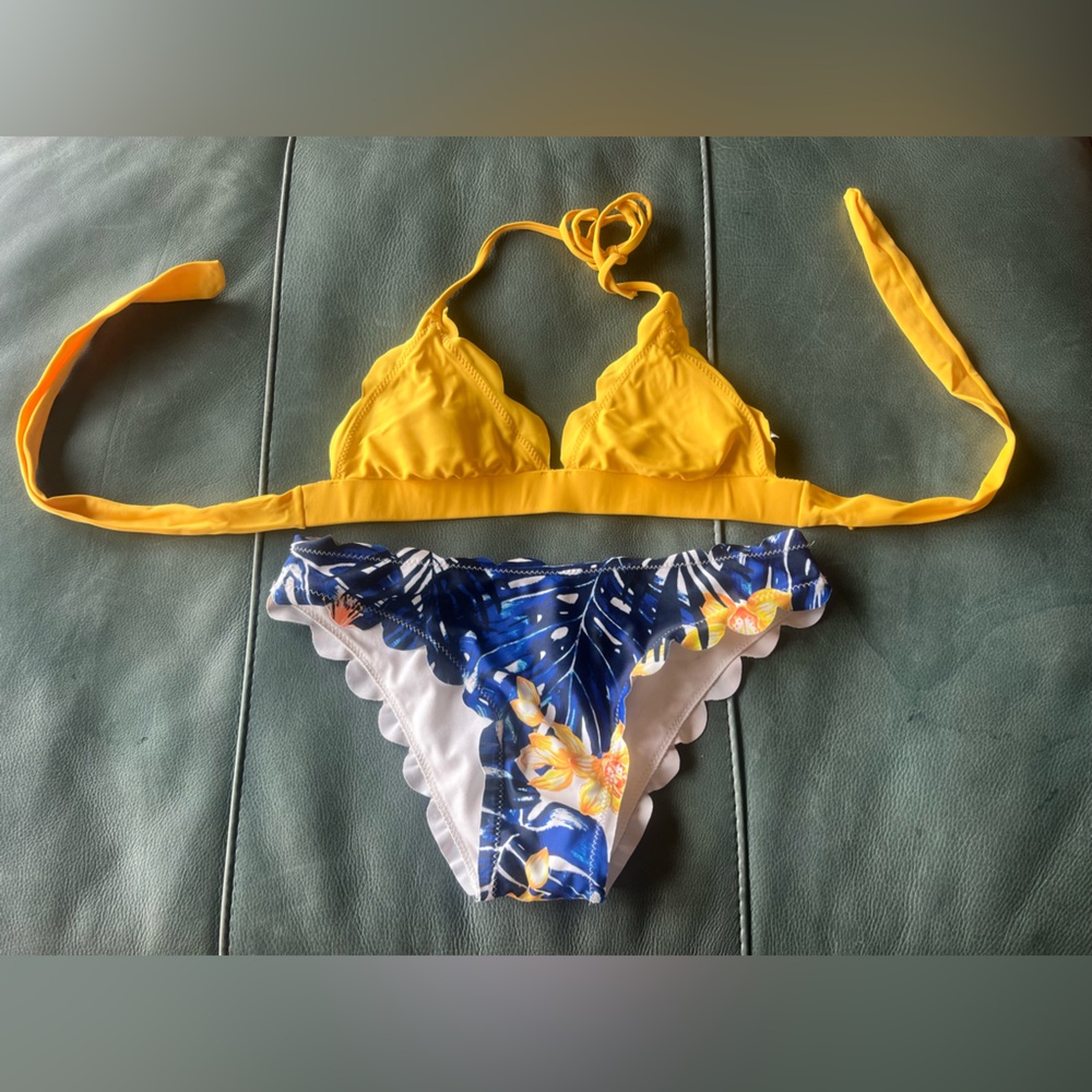 Yellow and Blue Scalloped Bikini Set